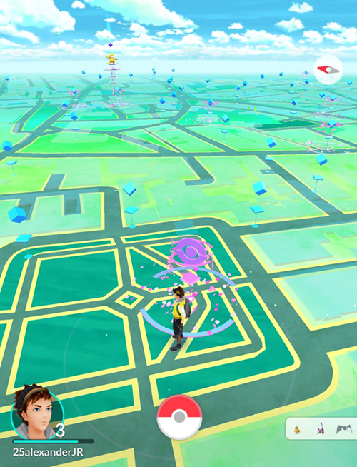 Pokemon go avatar in Soho Square gardens next to used Pokestop with lure