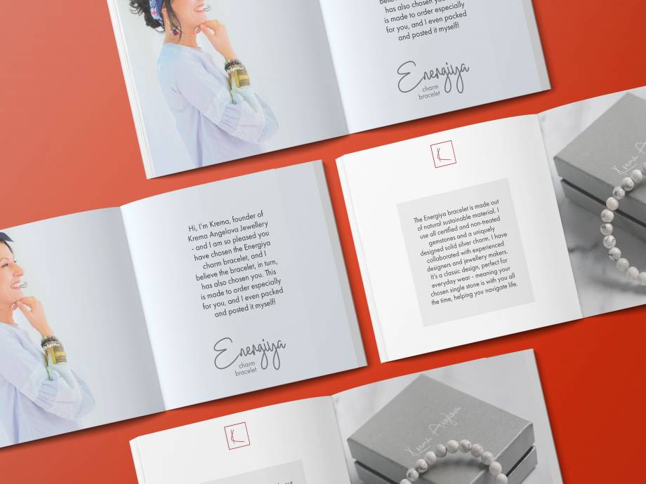 Folding card psd created by yeven_popov - www.freepik.com - showing the designs we did for Krema's Energiya Bracelet. The designs themselves we created in Adobe InDesign.
