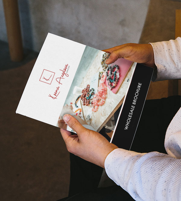 Krema Angelova Jewellery Wholesale brochure.
The cover of the brochure was designed in Adobe Indesign, and this photo of the hands holding the brochure was made with the help of a square brochure psd created by yeven_popov - www.freepik.com