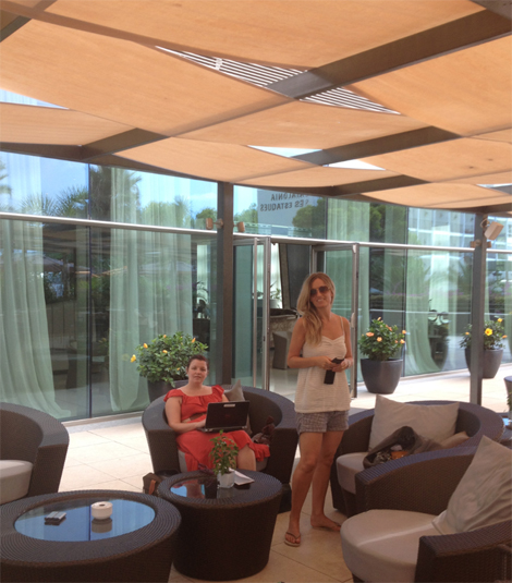 Ibiza - the 3 of us - Tamsin Fox-Davies and Alicia Cowan at a hotel with wifi