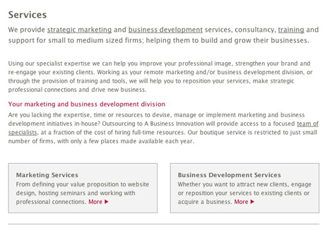 A Business Innovation services page A Business Innovation services page