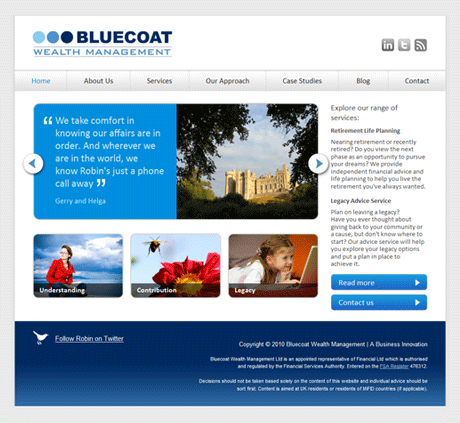 Scrolling testimonial banner and clearly visible social media links Scrolling testimonial banner and clearly visible social media links