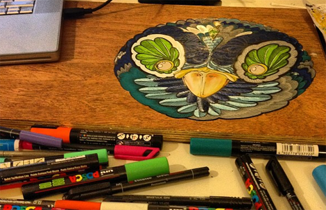 Chris Dal Din Owl - acrylic paint and ink on plywood Chris Dal Din Owl - acrylic paint and ink on plywood