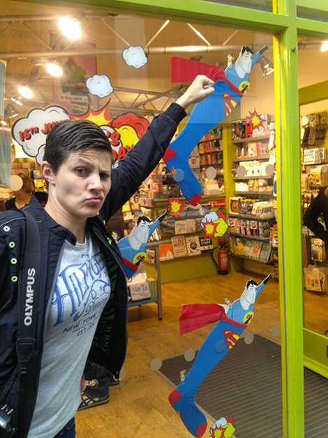 Diana in front of Scribbler - like a super hero
